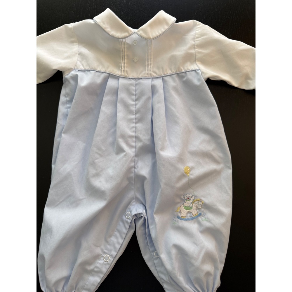 Petit‎ Ami Infant Longall Romper Newborn Blue Embroidered Rocking Horse Southern